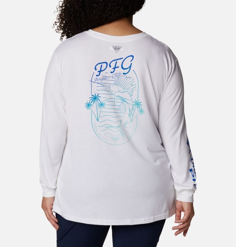 Women's Columbia PFG Slack Water Graphic Long Sleeve Sweatshirts White | Plus Size CA-J6835